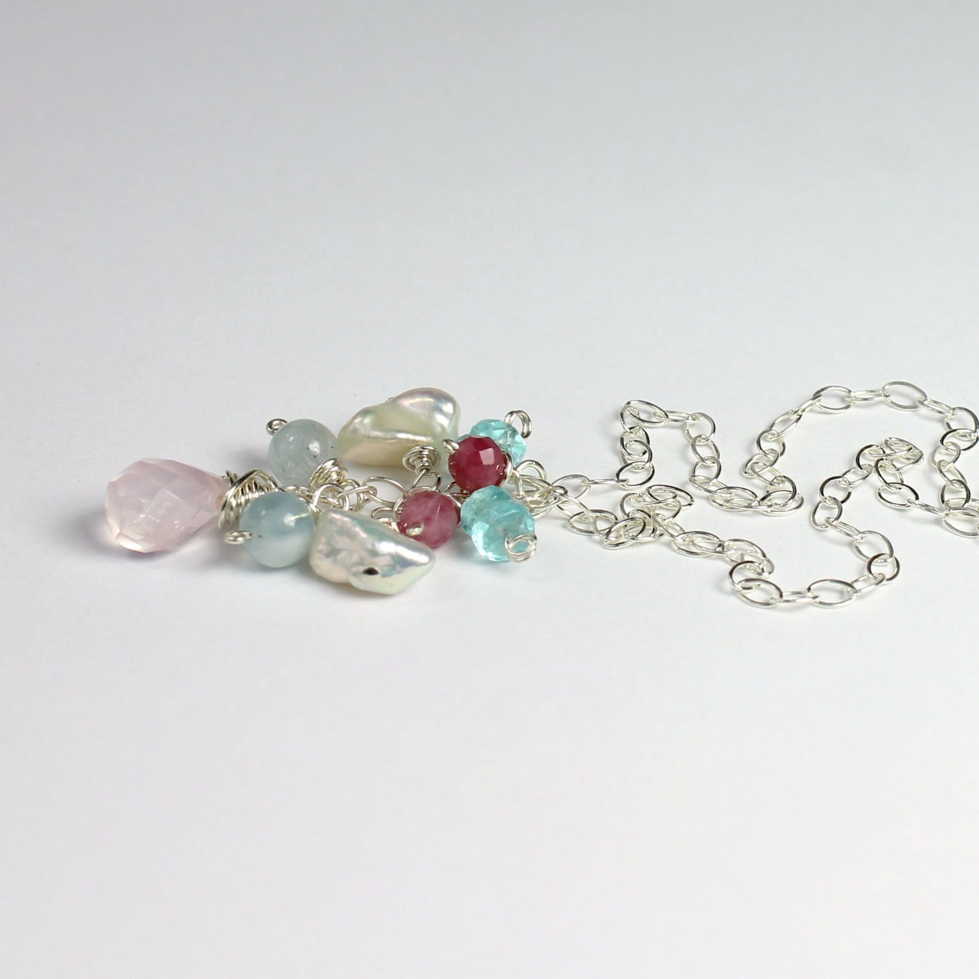 appatite, pearl, touraline, aquamarine, Cluster Necklace Pendant