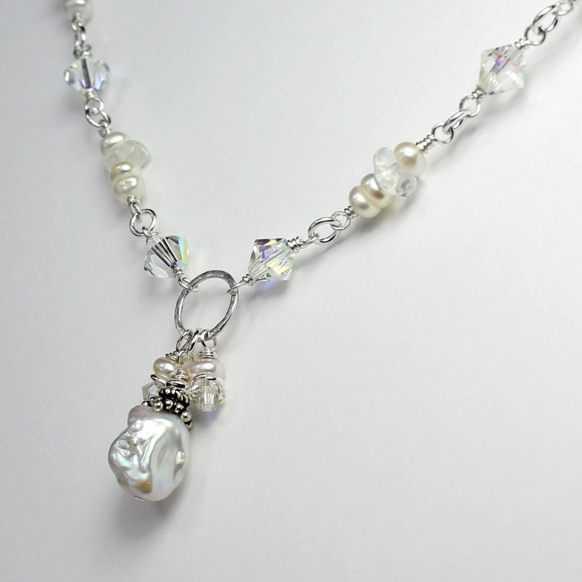 White Keshi Pearl & Crystals Necklace
