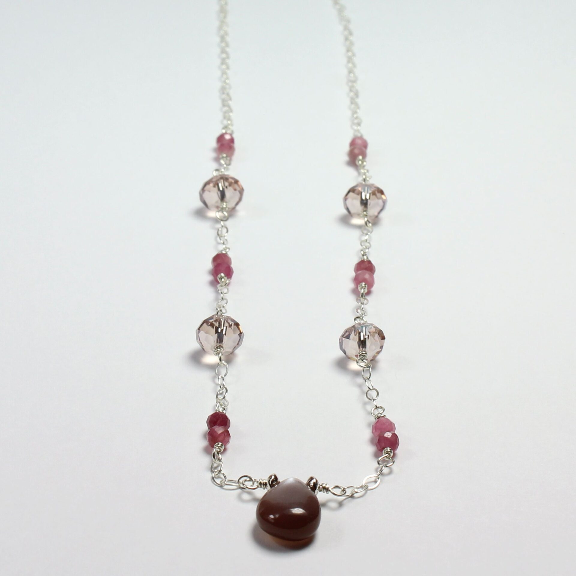 Teardrop Moonstone, Pink Tourmaline and Antique Rose Crystal Necklace