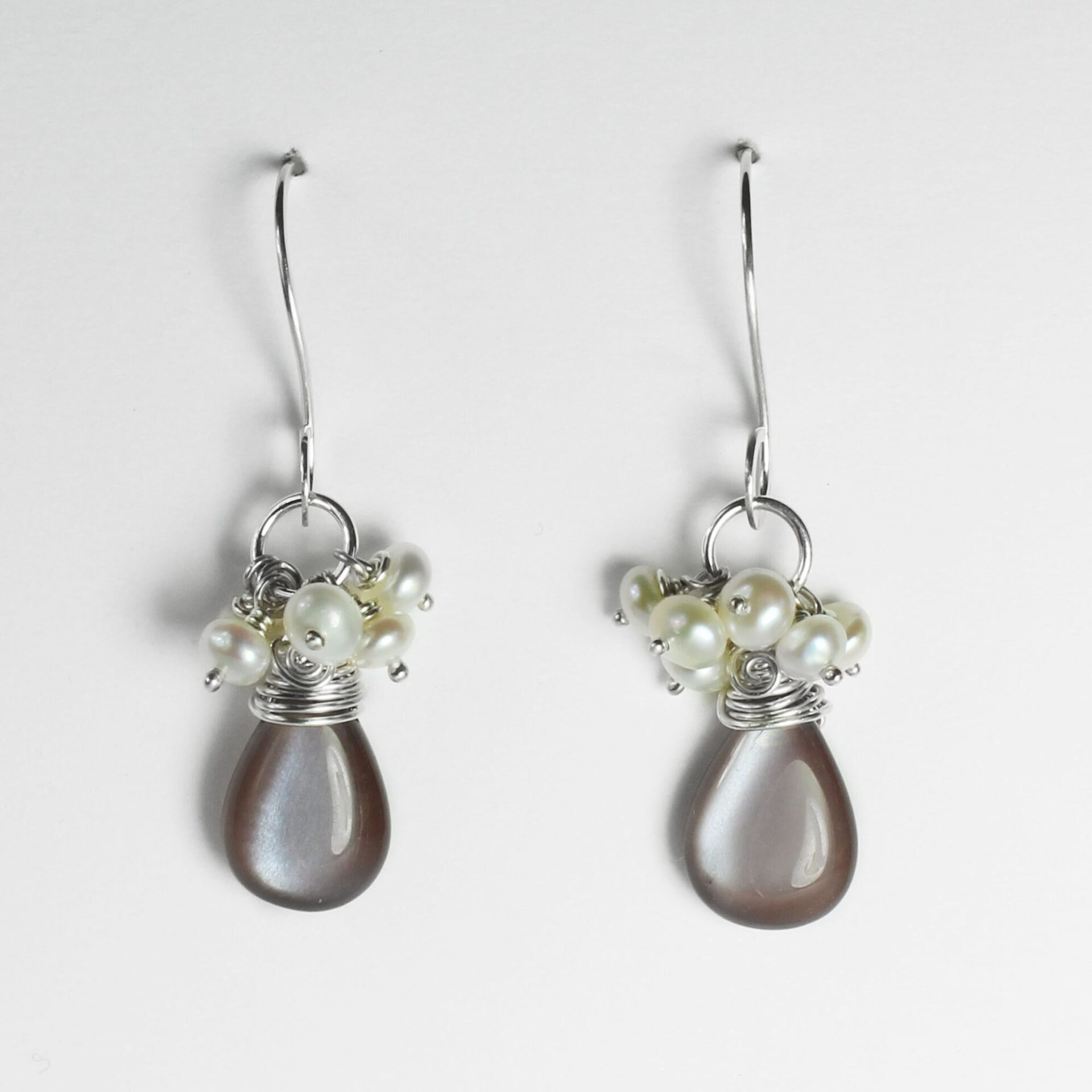Brown Moonstone Earrings, White Pearls